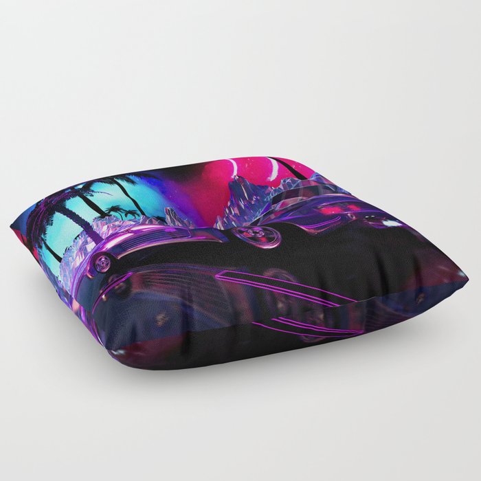 Neon landscape: Synthwave palms & car [synthwave/vaporwave/cyberpunk] — aesthetic poster, retrowave  Floor Pillow
