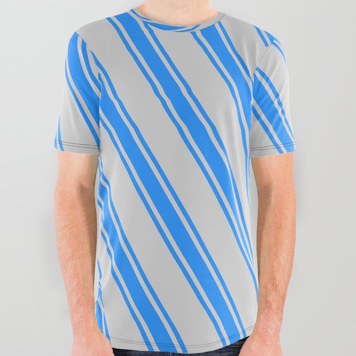 Light Gray and Blue Colored Striped Pattern All Over Graphic Tee