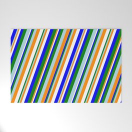 [ Thumbnail: Eye-catching Light Blue, Dark Orange, White, Blue & Green Colored Lined/Striped Pattern Welcome Mat ]