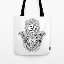 Fatimas Hamsa Hand Symbol with Om Sign Mandala Tote Bag