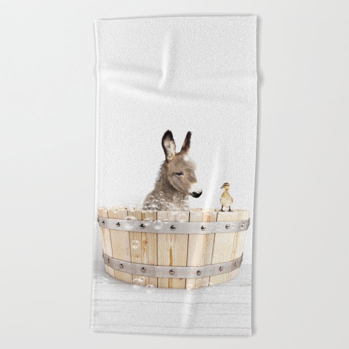 Baby Donkey in a Wooden Bathtub, Donkey Taking a Bath, Bathtub Animal Art Print By Synplus Beach Towel