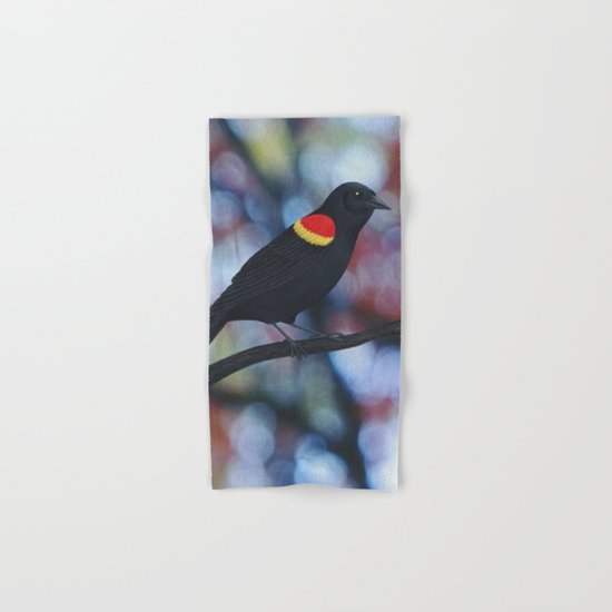 red winged blackbird male bokeh Hand & Bath Towel