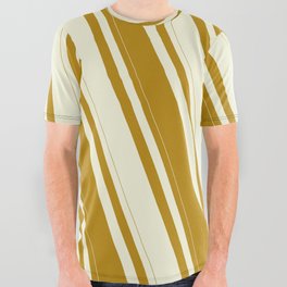 [ Thumbnail: Dark Goldenrod & Beige Colored Stripes Pattern All Over Graphic Tee ]