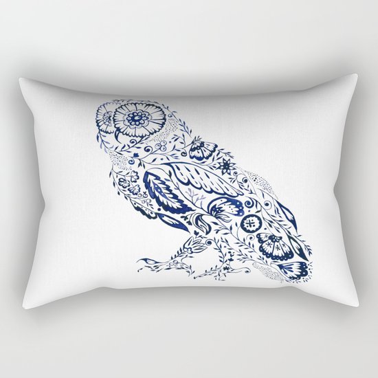 Folk Floral Indigo Owl Rectangular Pillow