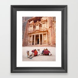 Camels in front of the treasury of world wonder Petra | Travel photography Jordan Framed Art Print