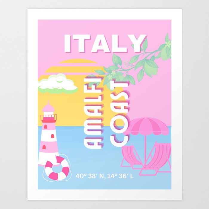 Italy Travel art, Amalfi Coast, Preppy Travel, Pink Art Print