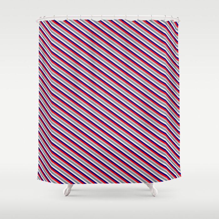 Vibrant Red, Grey, Light Slate Gray, Beige & Dark Blue Colored Pattern of Stripes Shower Curtain