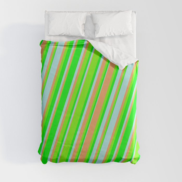Turquoise, Brown, Green, and Lime Colored Lines Pattern Duvet Cover