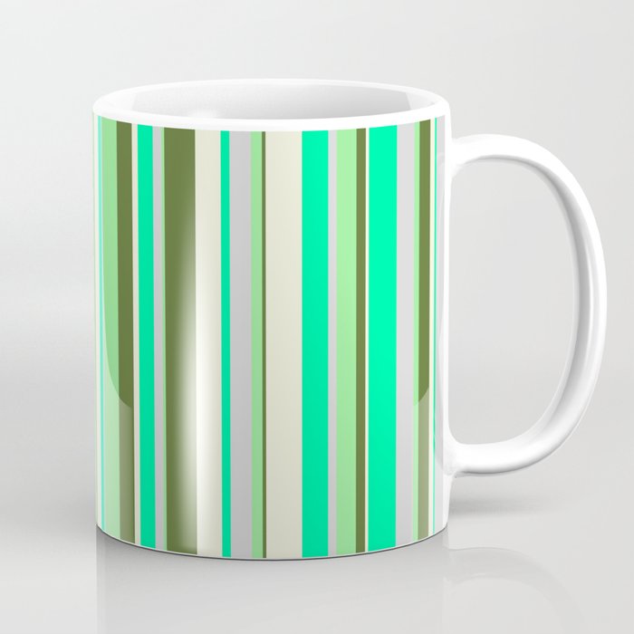 Vibrant Green, Light Grey, Light Green, Dark Olive Green, and Beige Colored Stripes/Lines Pattern Coffee Mug