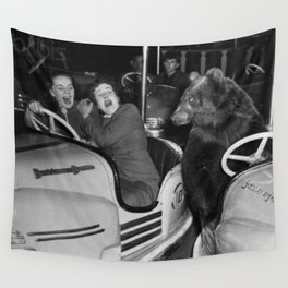 Bear with me; bear riding bumper cars scary women at carnival vintage black and white photograph - photography - photographs wall decor Wall Tapestry