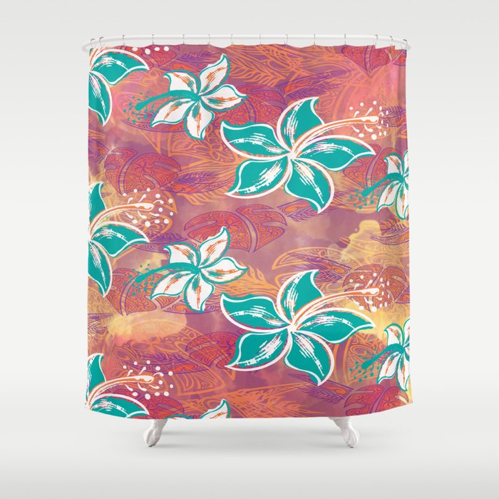 Teal Watercolor Hibiscus Jungle Print Shower Curtain