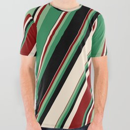 [ Thumbnail: Colorful Beige, Maroon, Dark Sea Green, Sea Green, and Black Colored Striped Pattern All Over Graphic Tee ]