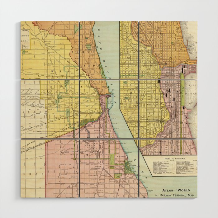 Vintage Chicago Railroad Map (1897) Wood Wall Art