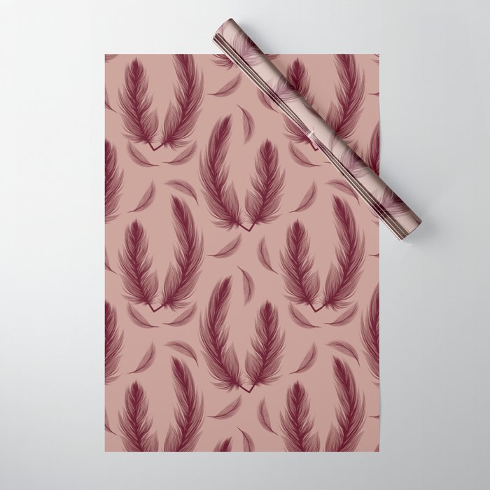 Soft feather pattern burgundy on pink Wrapping Paper by YenDi