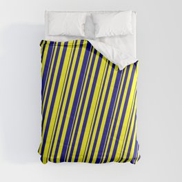 [ Thumbnail: Yellow and Dark Blue Colored Striped Pattern Comforter ]