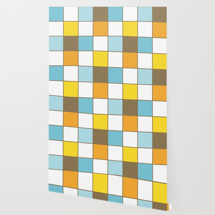 MCM Flower Tile Geometric Pattern // Turquoise Blue, Sky Blue, Marigold  Orange, Yellow, Brown, White Wallpaper by Elsys Art