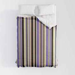 [ Thumbnail: Slate Blue, Pale Goldenrod, Black & Tan Colored Striped/Lined Pattern Comforter ]