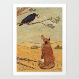 Fox and Crow, Aesop's Fable Illustration in the style of Arthur Rackham and Howard Pyle Art Print