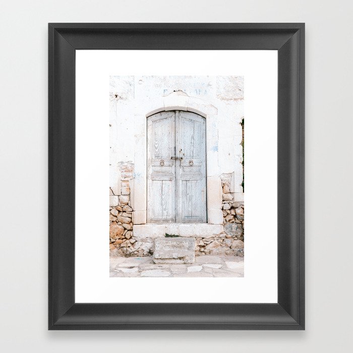 Never too old | Greek light blue old door in Crete, Greece | Pastel colored travel photography print Framed Art Print