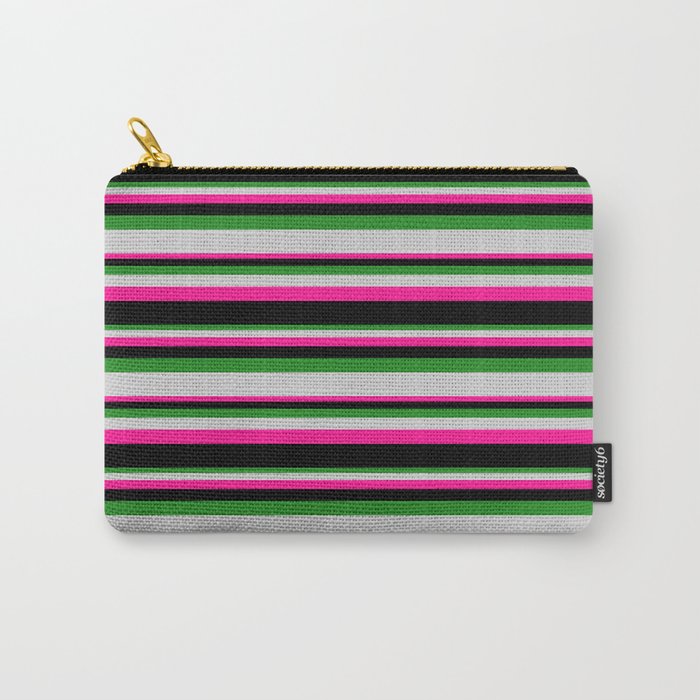 Forest Green, Light Gray, Deep Pink, and Black Colored Stripes Pattern Carry-All Pouch