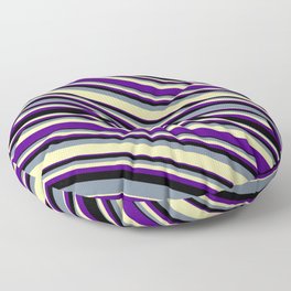 [ Thumbnail: Light Slate Gray, Pale Goldenrod, Indigo, and Black Colored Lined/Striped Pattern Floor Pillow ]