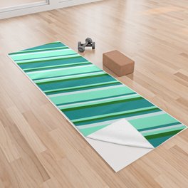 [ Thumbnail: Dark Green, Dark Cyan, Light Cyan, and Aquamarine Colored Lined Pattern Yoga Towel ]