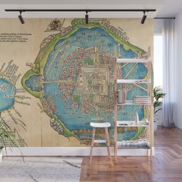 1524 Ancient Aztec City of Tenochtitlan Aerial Mexico Map Wall Mural