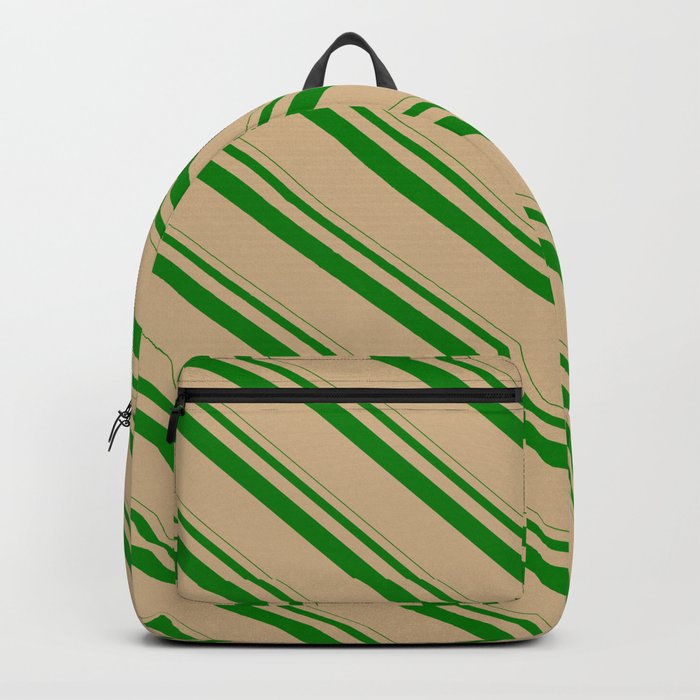 Green & Tan Colored Pattern of Stripes Backpack