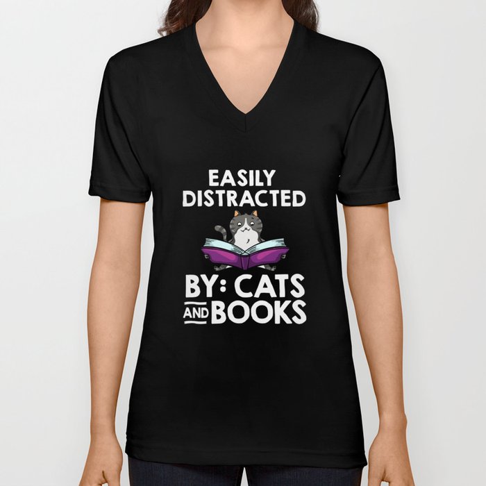 Cat Read Book Reader Reading Librarian V Neck T Shirt