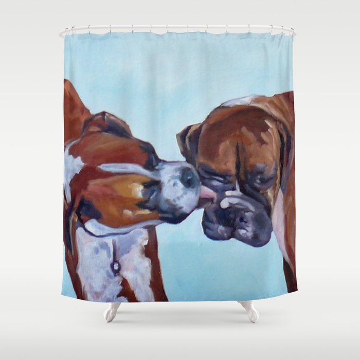 Kissing Boxers Dogs Portrait Shower Curtain