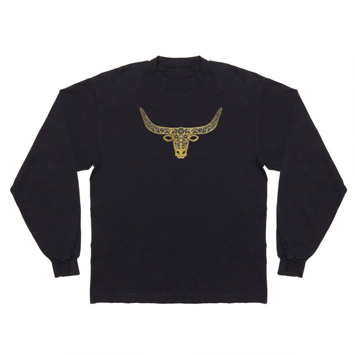 Floral Longhorn – Gold Metallic Silhouette Long Sleeve T Shirt