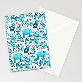 Dusty Pink, White and Teal Elephant and Floral Watercolor Pattern Stationery Card