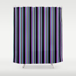 [ Thumbnail: Bisque, Dark Cyan, Orchid & Black Colored Lined Pattern Shower Curtain ]