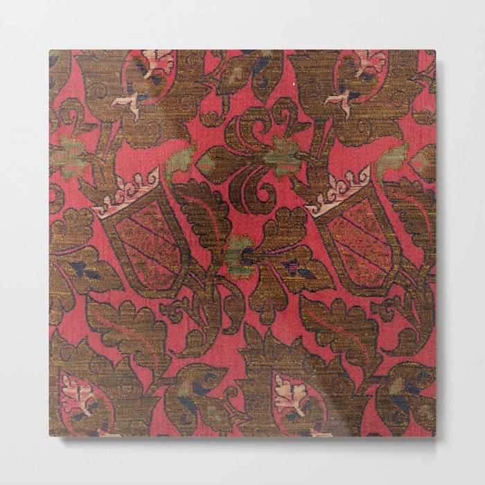 Antique Spanish Red Floral Silk and Satin Weave Metal Print