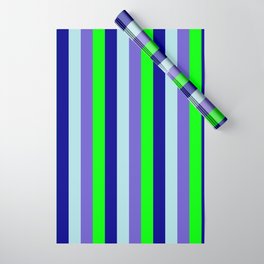 [ Thumbnail: Powder Blue, Slate Blue, Lime, and Dark Blue Colored Stripes Pattern Wrapping Paper ]