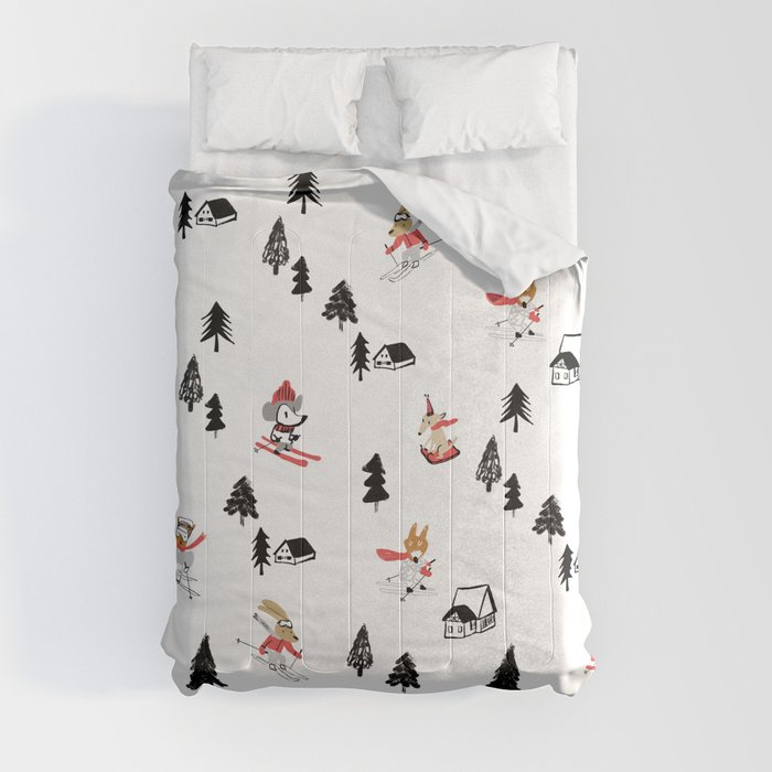 Mountain skiing in alpine chalet snow forest Comforter