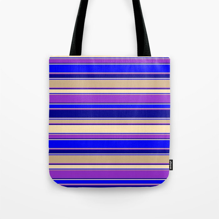 Colorful Dark Orchid, Dark Blue, Beige, Blue & Tan Colored Striped Pattern Tote Bag