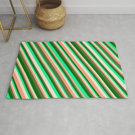 [ Thumbnail: Vibrant Green, Beige, Light Salmon, Dark Olive Green & Dark Green Colored Striped/Lined Pattern Rug ]