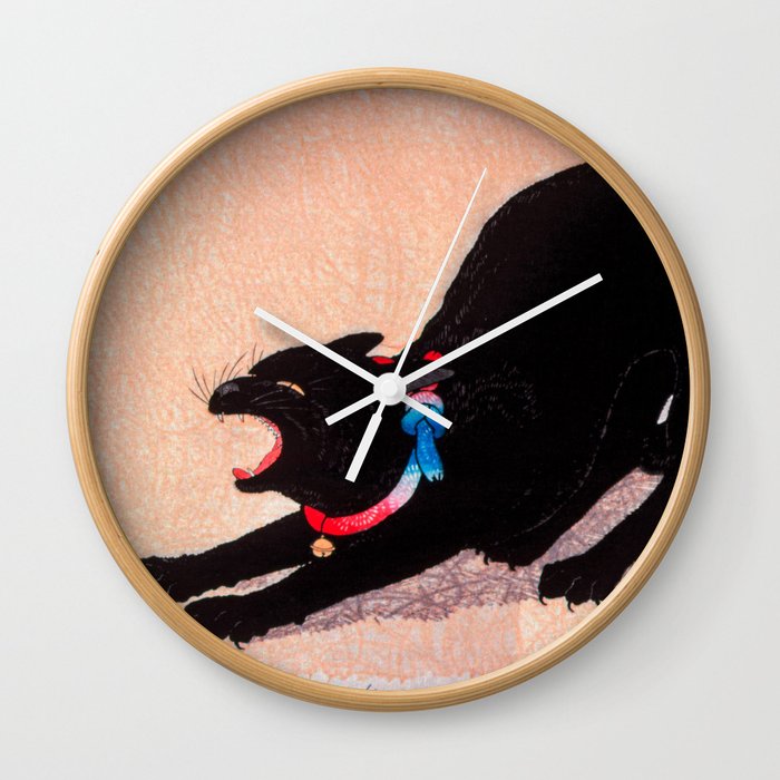 Japanese Black Cat Painting Vintage Cat Painting Wall Clock