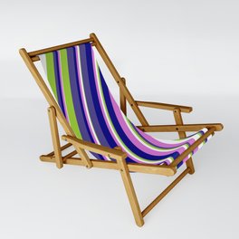 [ Thumbnail: Colorful Green, Dark Slate Blue, Blue, Orchid, and White Colored Stripes Pattern Sling Chair ]