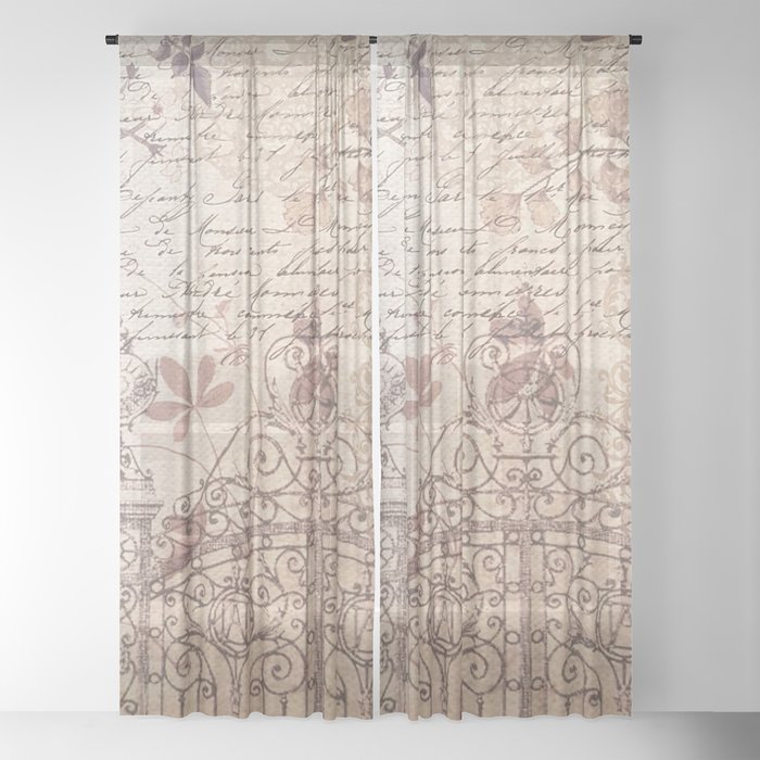 Vintage Rustic Ivory Brown Floral Collage Typography Sheer Curtain By Pink Water Society6