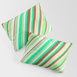[ Thumbnail: Eye-catching Green, Sienna, Tan, Light Green, and Mint Cream Colored Striped/Lined Pattern Pillow Sham ]