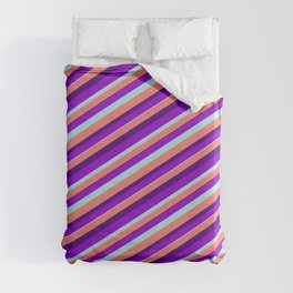 [ Thumbnail: Dark Violet, Turquoise, Salmon, and Indigo Colored Lined Pattern Duvet Cover ]
