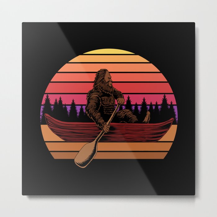 Bigfoot canoe sunset retro illustration sasquatch Metal Print