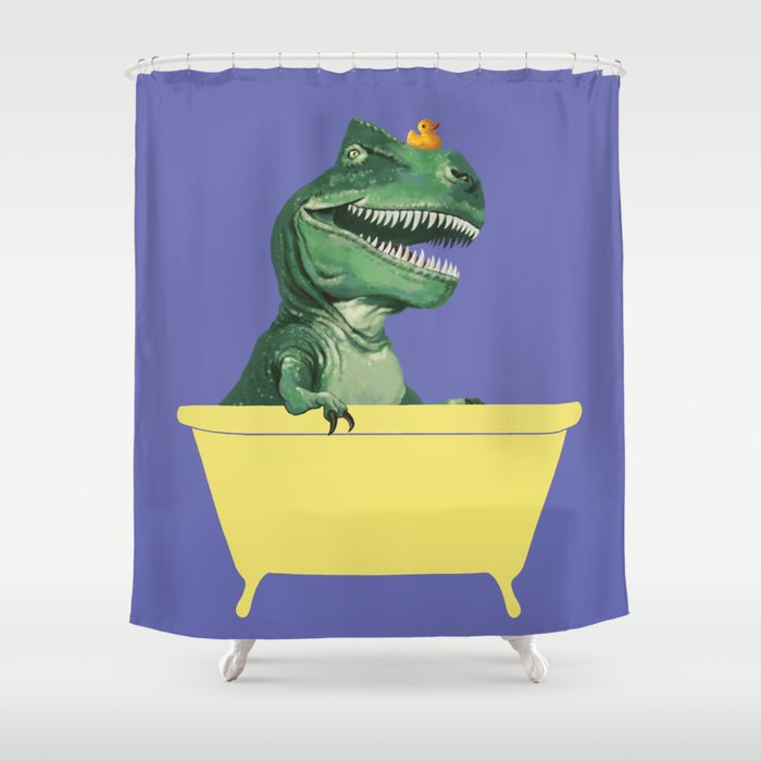 Playful T-Rex in Bathtub in Purple Shower Curtain