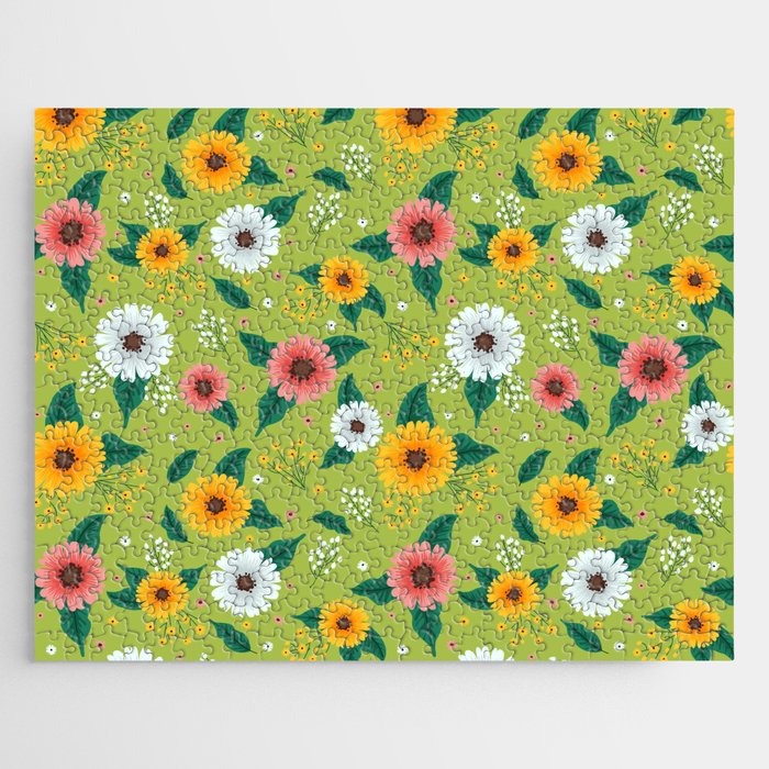 Colorful Spring Flowers Pattern in Light Green Background Jigsaw Puzzle