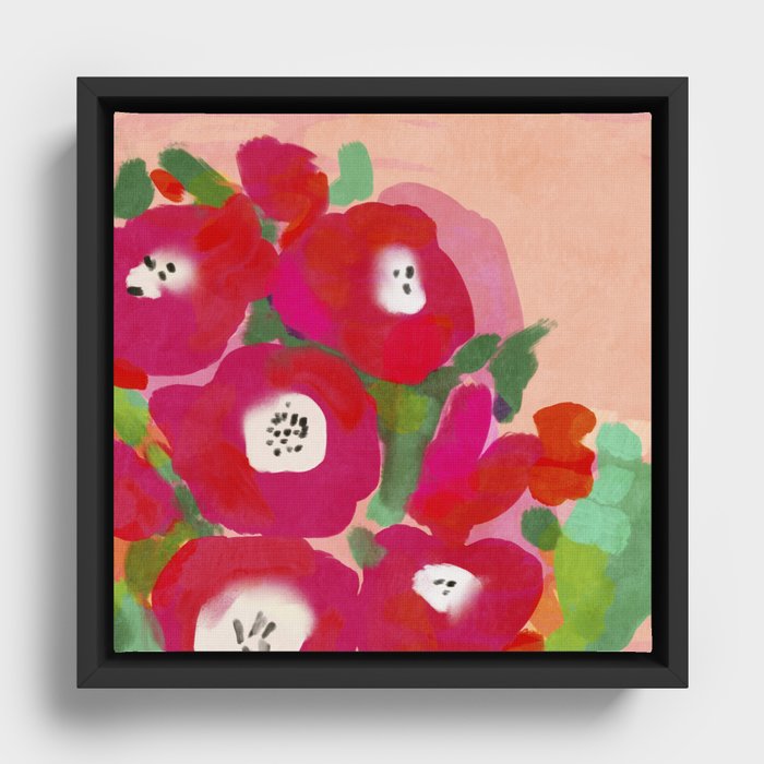 Red Pink Abstract Minimal Floral Framed Canvas