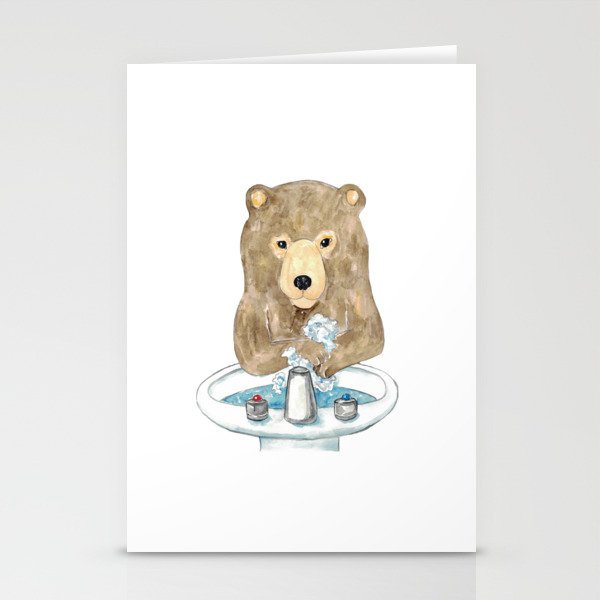 Bear washing hands bath watercolor painting Stationery Cards