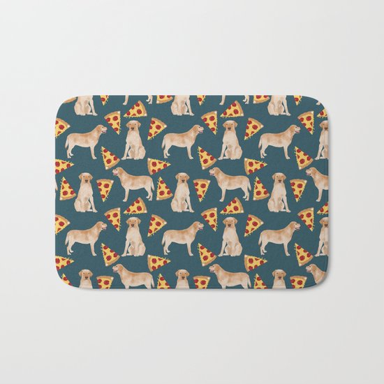 Yellow Labrador pizza cheesy slice of pizza food trendy pet gifts for yellow lab owners dog breed Bath Mat