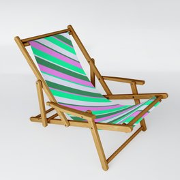 [ Thumbnail: Lavender, Sea Green, Violet & Green Colored Lined Pattern Sling Chair ]